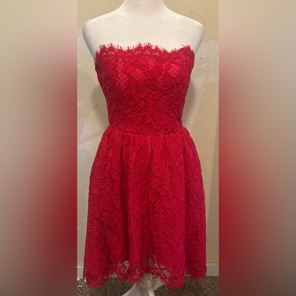 NBD Red Mini Lace Dress Strapless Size 4 - Picture 2 of 7
